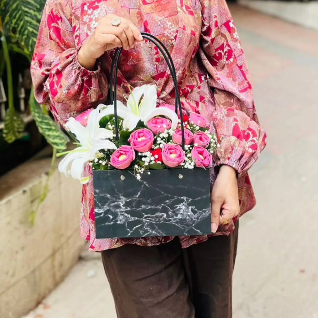 Padma Flower & White Lily with Modern Marble Black Bag