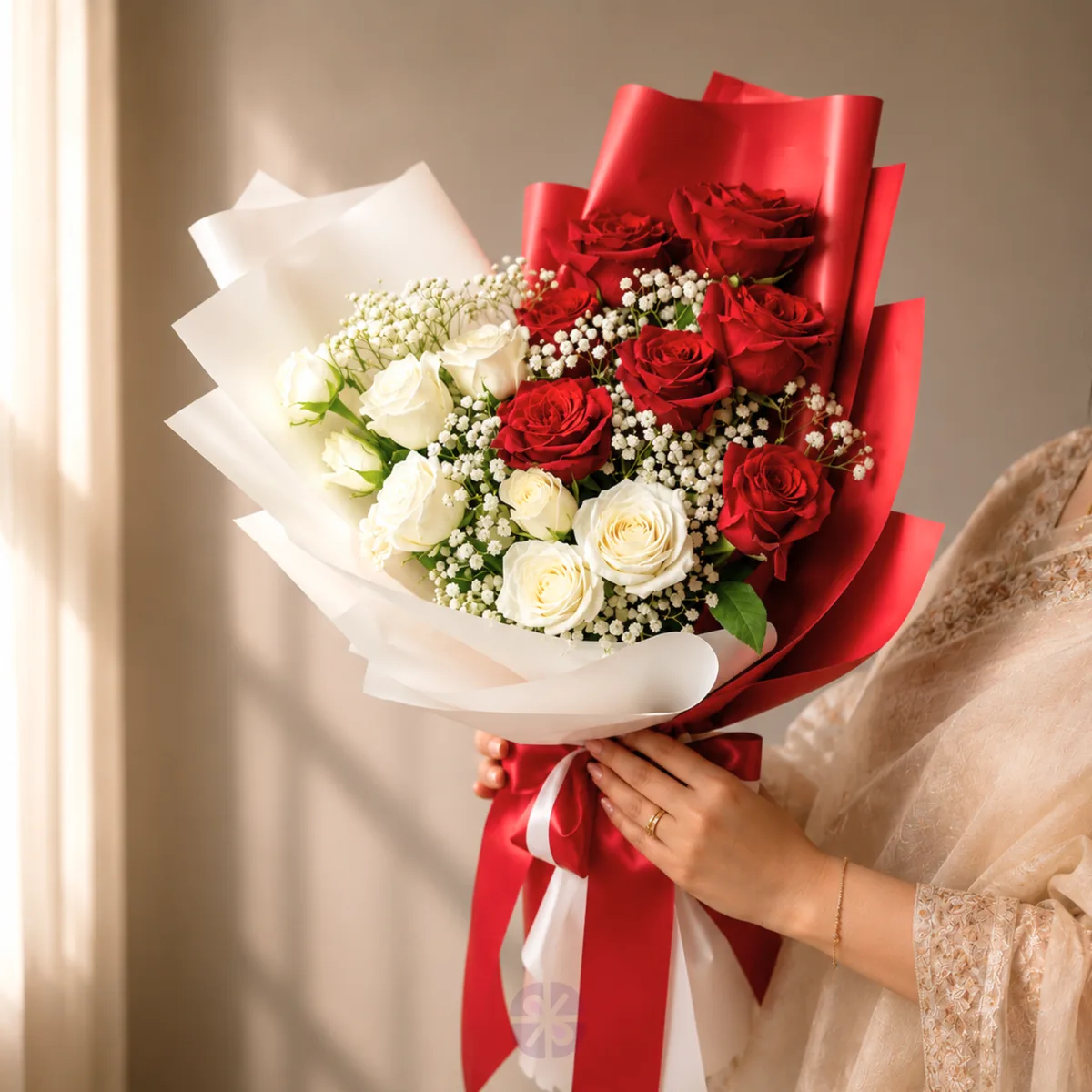 Premium Red and White Rose Fusion Hand Bouquet