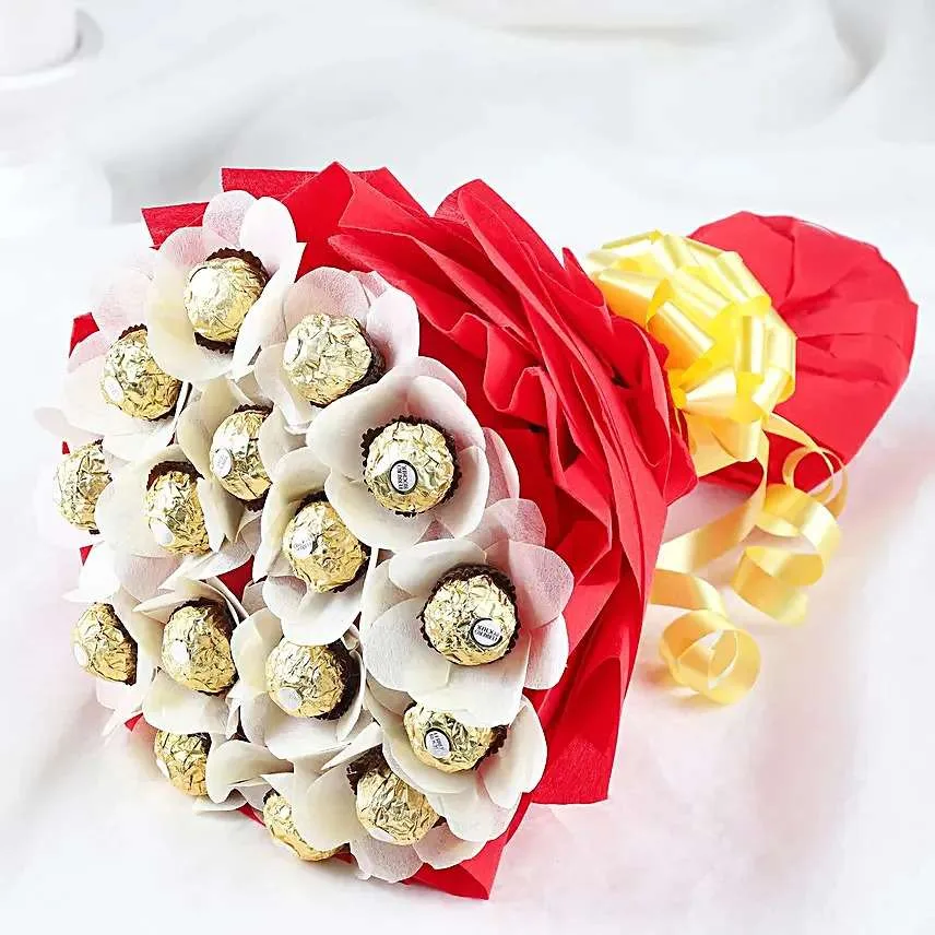 Elegant Ferrero Rocher Chocolate Bouquet in Red & White Wrap