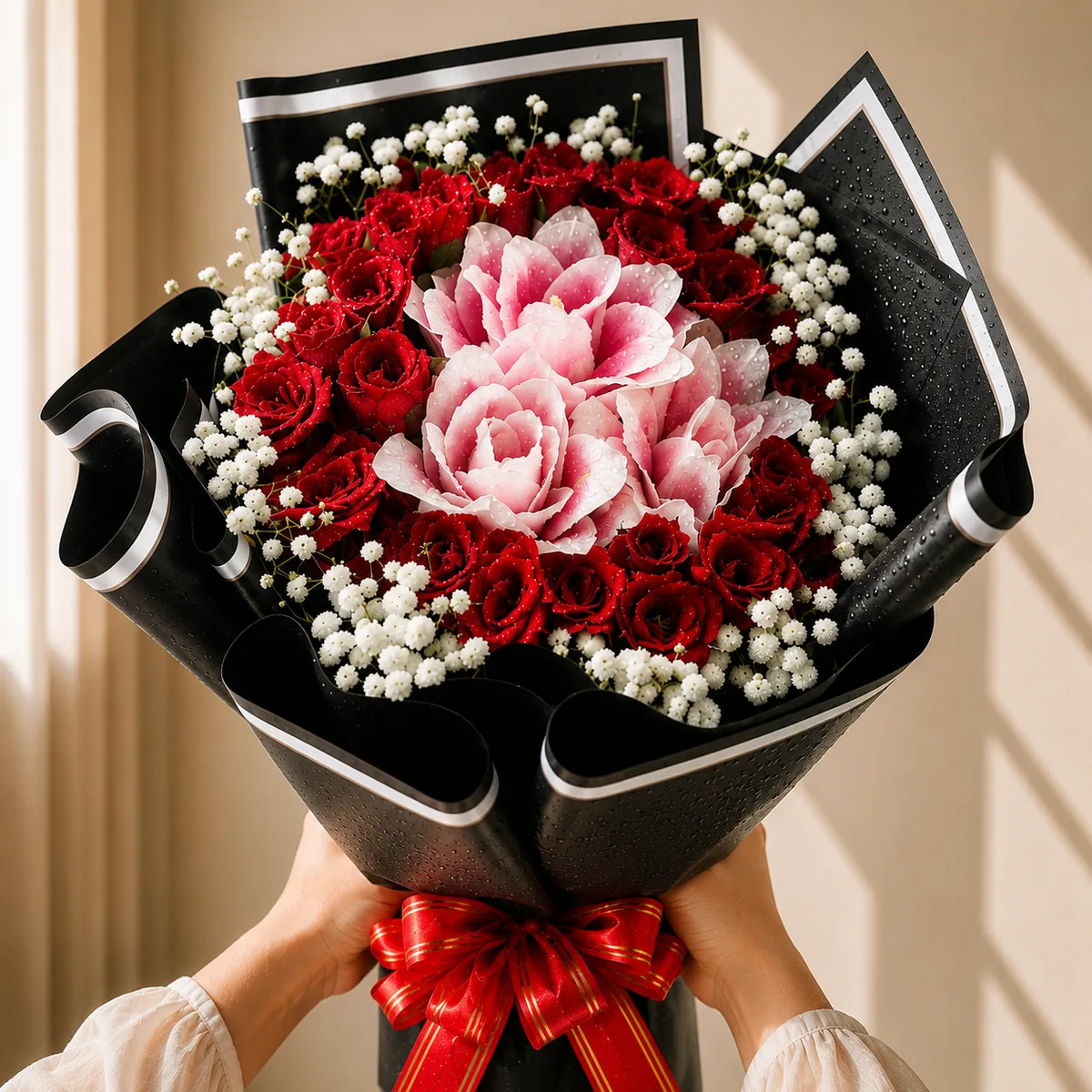 The Passionate Bloom Black Wrap Lily & Red Rose Bouquet