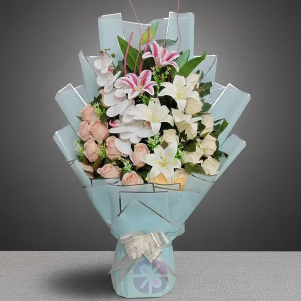 Eternal Elegance Artificial Lily, Rose & Orchid Stand Bouquet