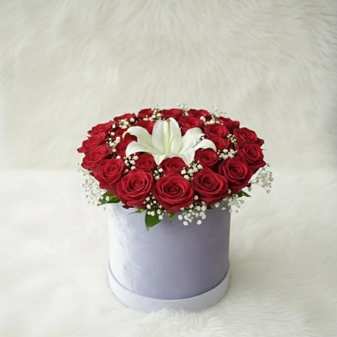 Elegant Red Rose & White Lily Arrangement in Premium Velvet Round Hat Box