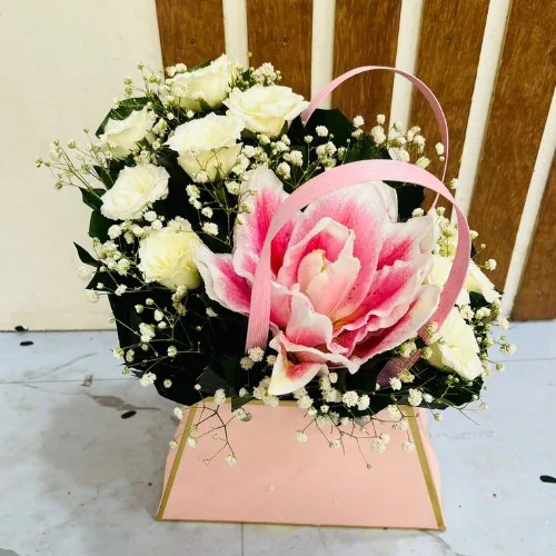 The Spring Purity Pink Box Lily & White Rose Arrangement