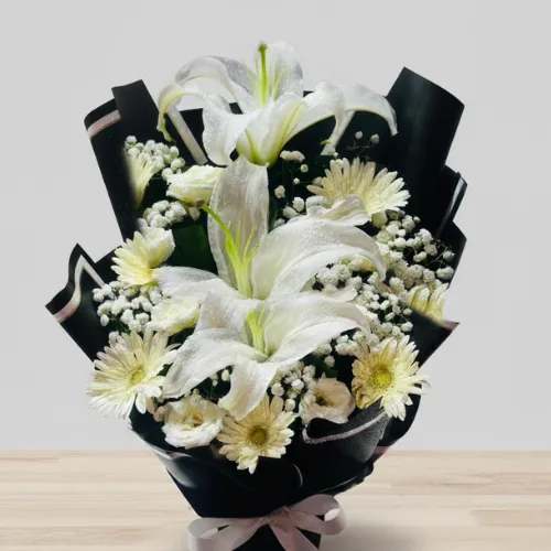 Elegant Serenity: White Lily & Gerbera Black Bouquet