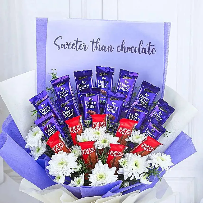 Sweeter Than Chocolate Bouquet – Dairy Milk & KitKat Combo with White Blooms