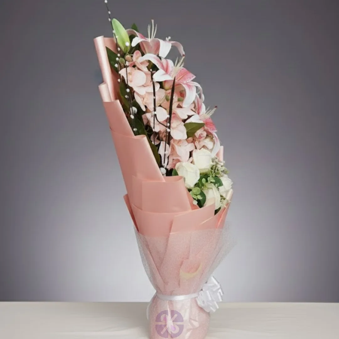 Artificial White Rose, Pink Lily & Orchid Stand Bouquet