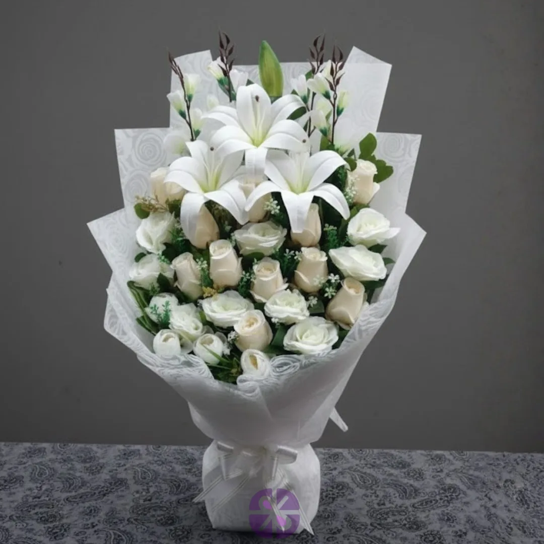 Gentle Affection Artificial White Lily and White Rose Stand Bouquet
