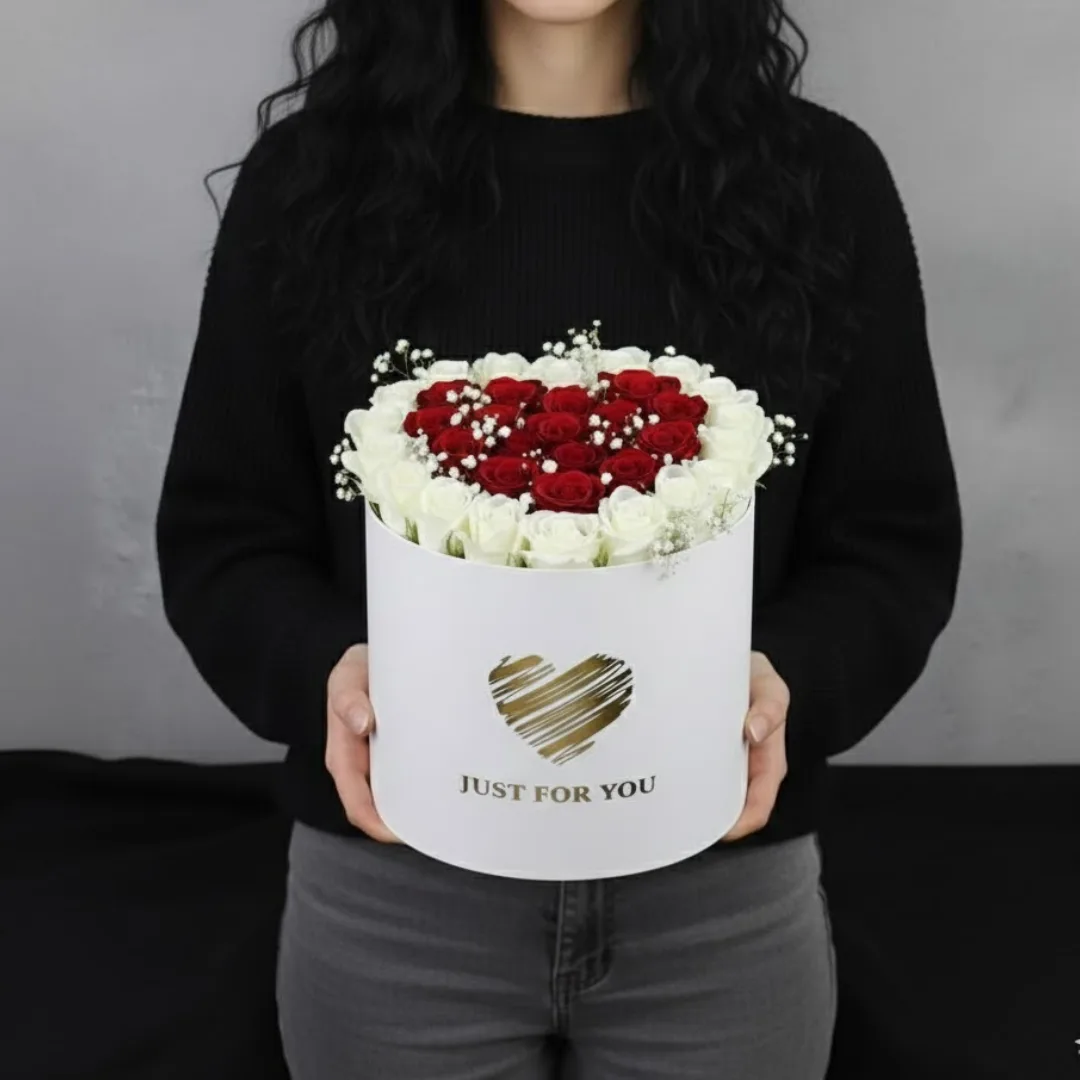 Elegent Red & White Rose Heart Arrangement in "Just For You" Round Box