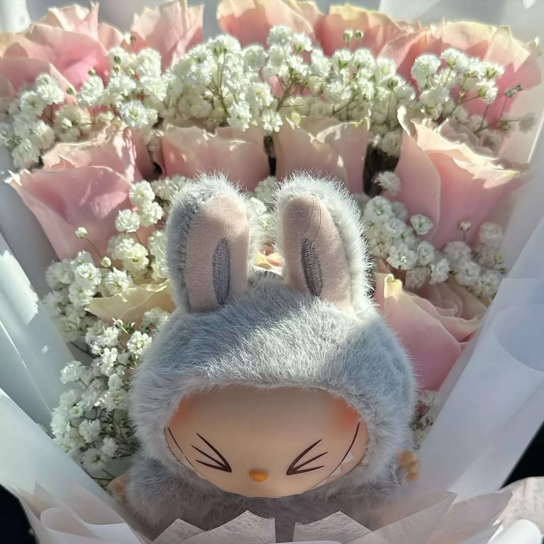 Cute Pink Rose Bouquet with Baby Bunny Plush