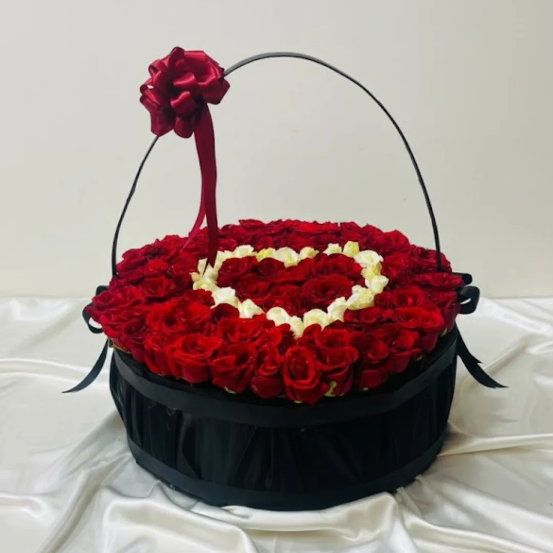 100 Premium Red Rose Heart Shape Black Basket Arrangement