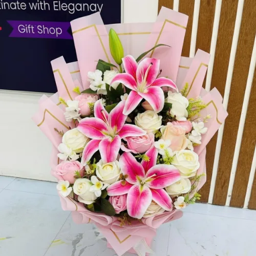 The Everlasting Grace Artificial Pink Lily & White Rose Bouquet