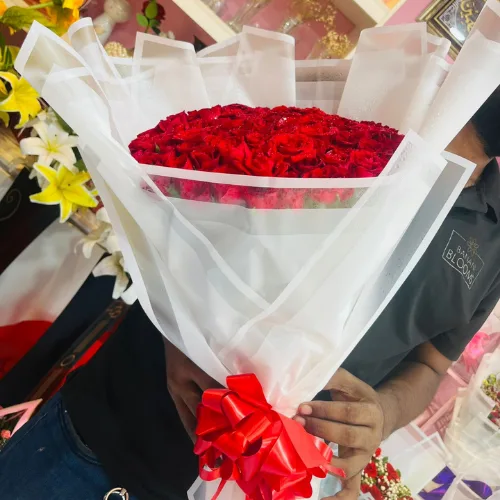 Premium 100 Fresh Red Roses Bouquet with Elegant White Wrapping & Red Ribbon