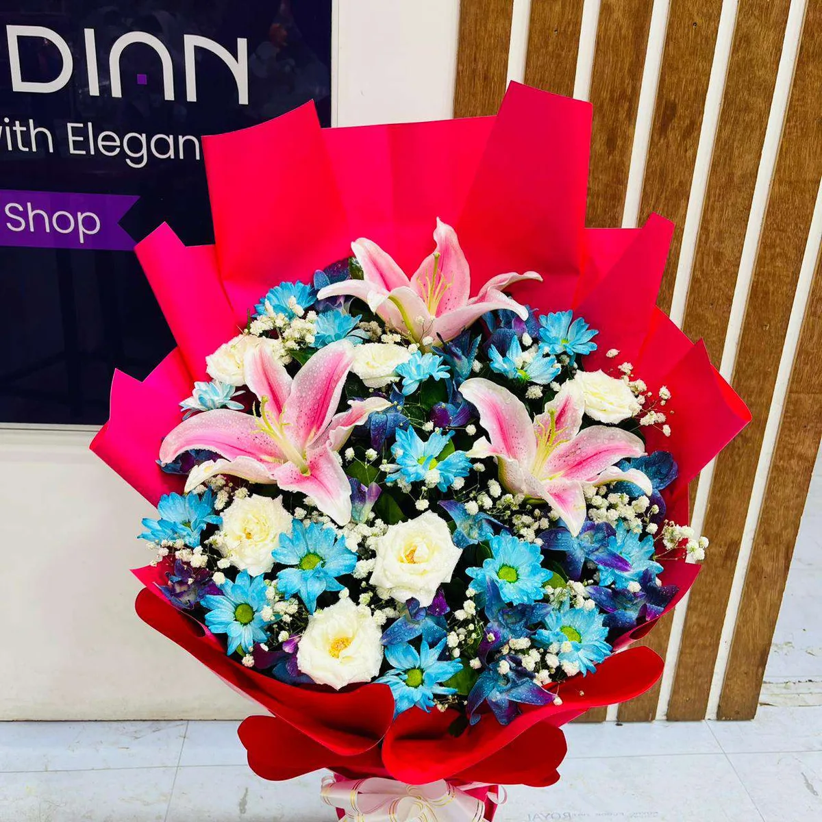 Regal Blue & Pink Mixed Stand Bouquet