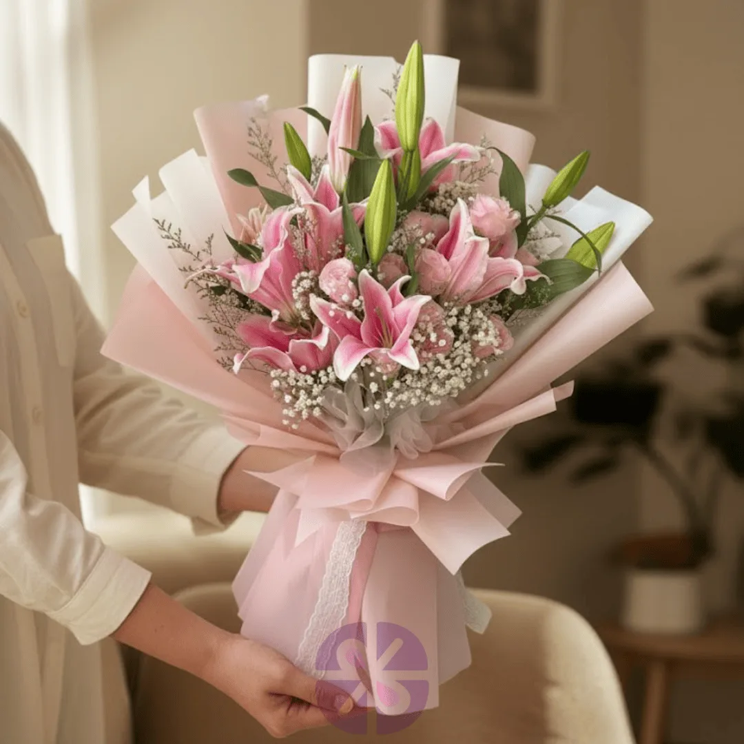 Elegant Pink Star Lily, Rose & Gypsy Flower Bouquet
