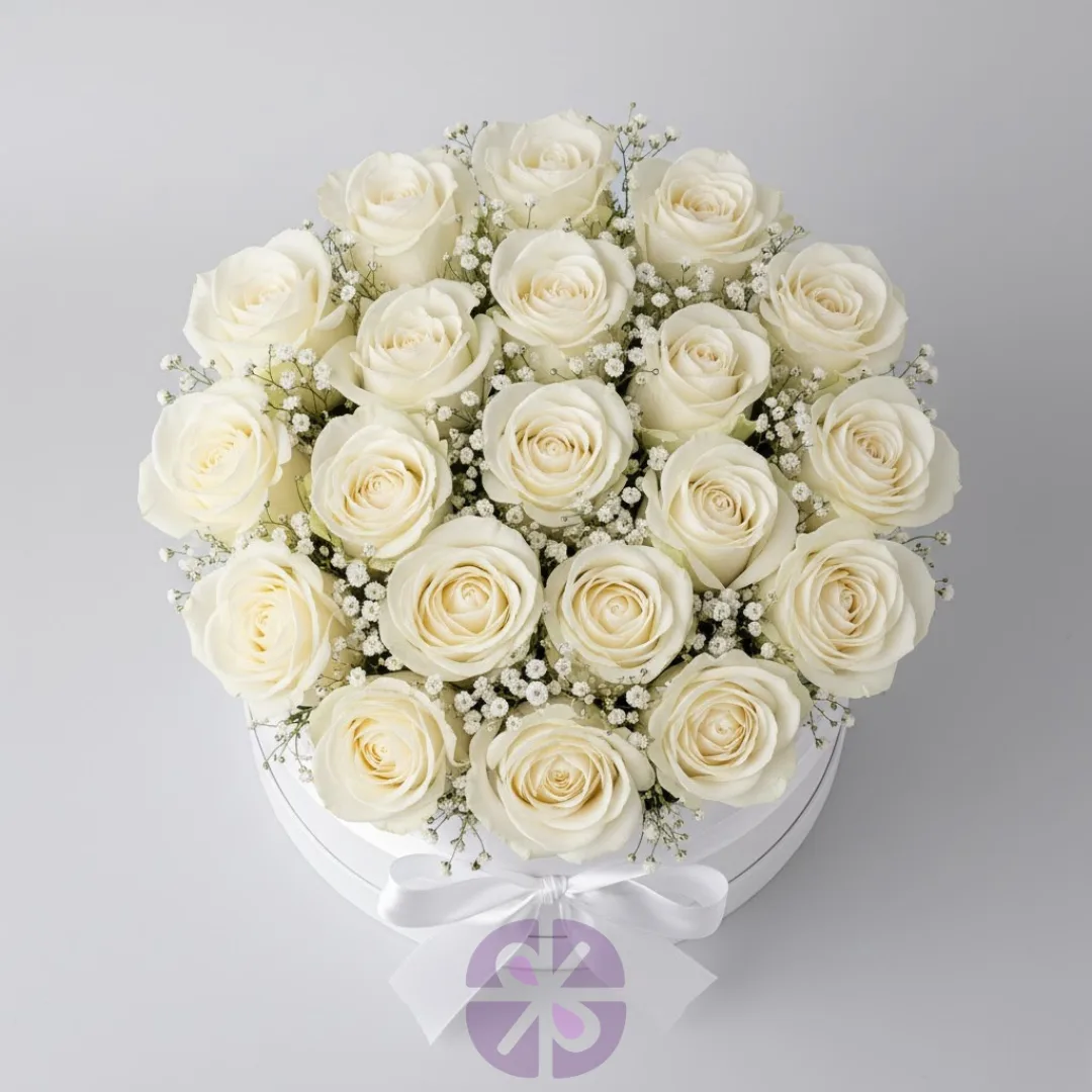 20 Classic White Rose & Gypsy Grand Round Box