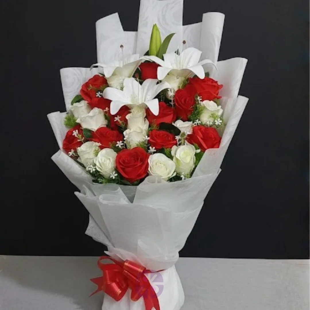 Passion & Purity Artificial Red & White Rose, White Lily Stand Bouquet