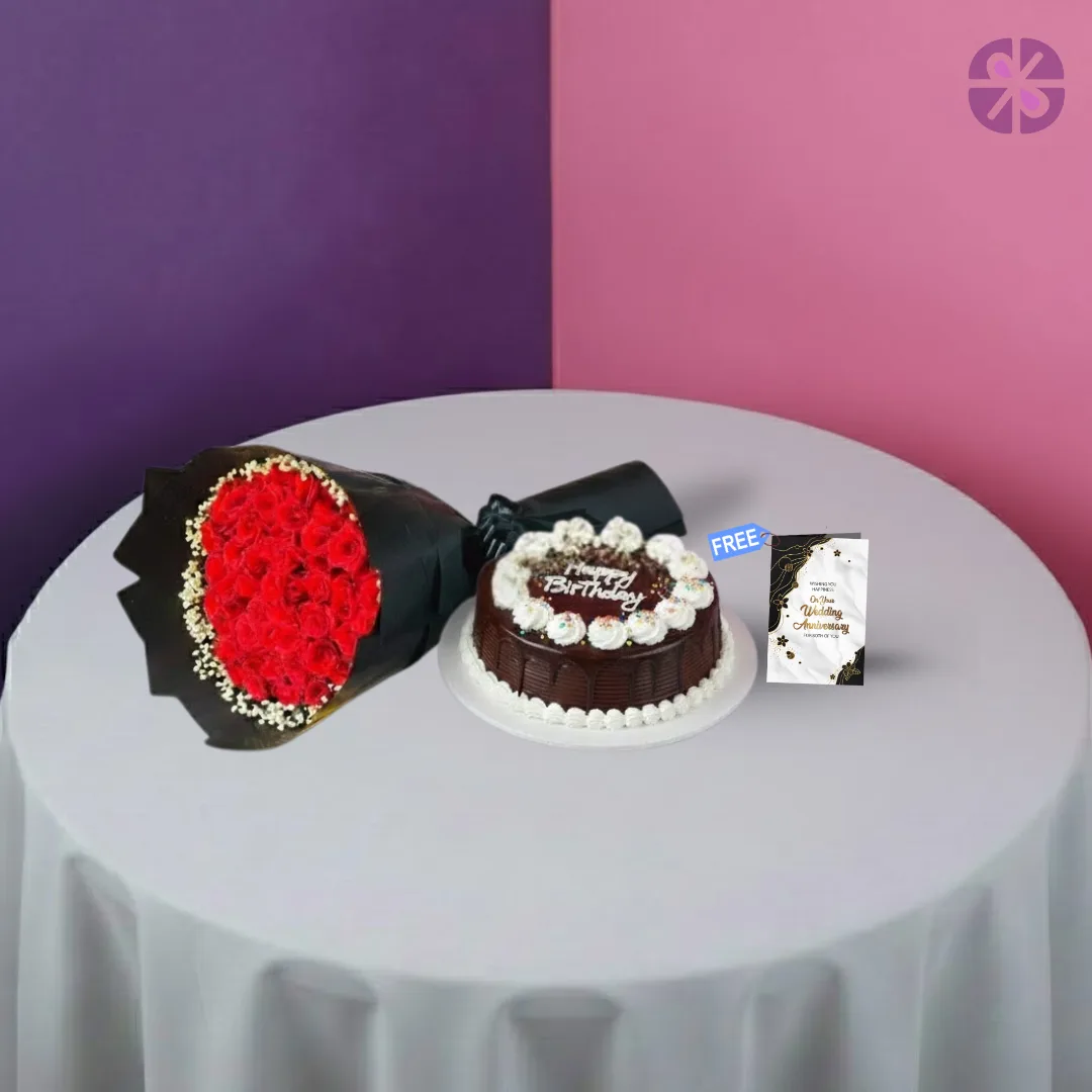 Classic Romance Fresh Red Rose Bouquet & Premium Cake Combo