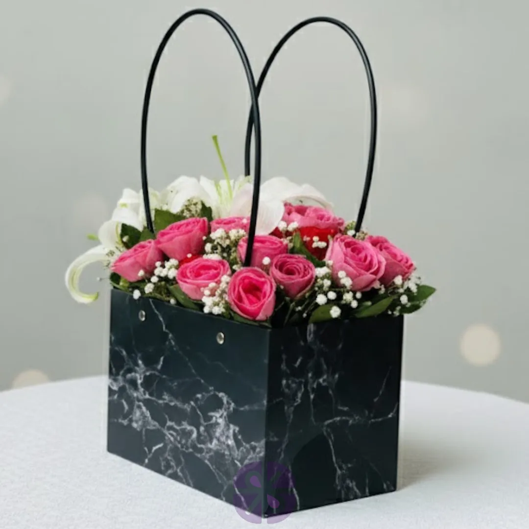 Padma Flower & White Lily with Modern Marble Black Bag