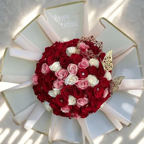 White & Pink Rose Bouquet with Crown & Butterfly