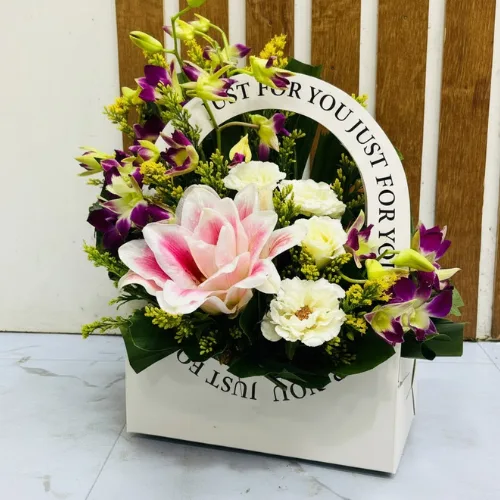 The Exotic Opulence White Box Lily, Orchid & Rose Mix