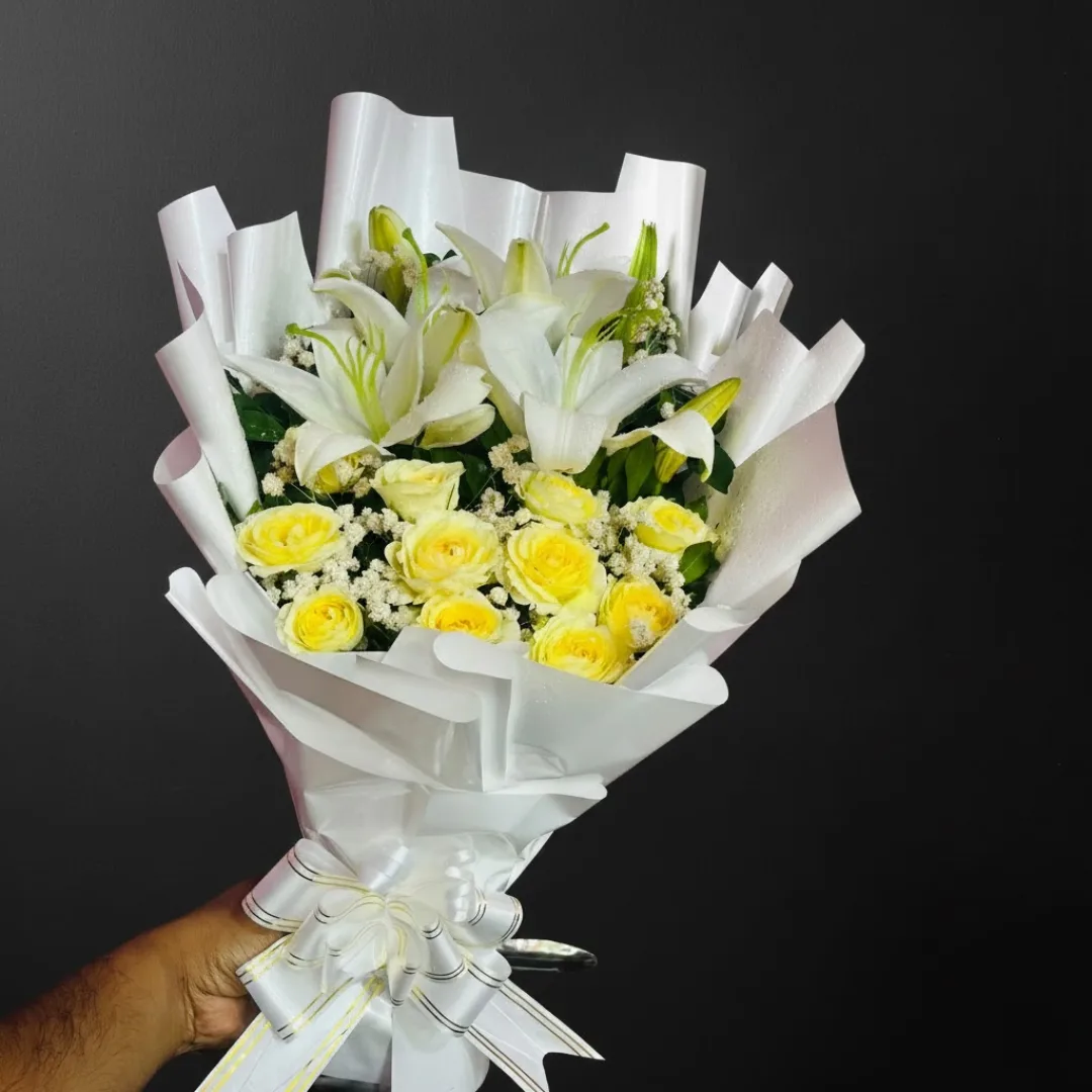 Elegant White Chinese Lily & Yellow Rose Stand Bouquet