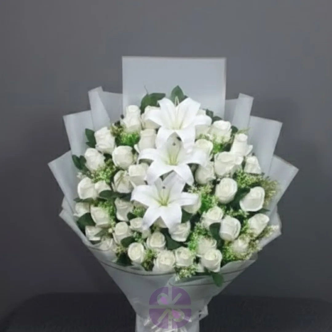 Eternal Purity Artificial White Rose & Lily Stand Bouquet