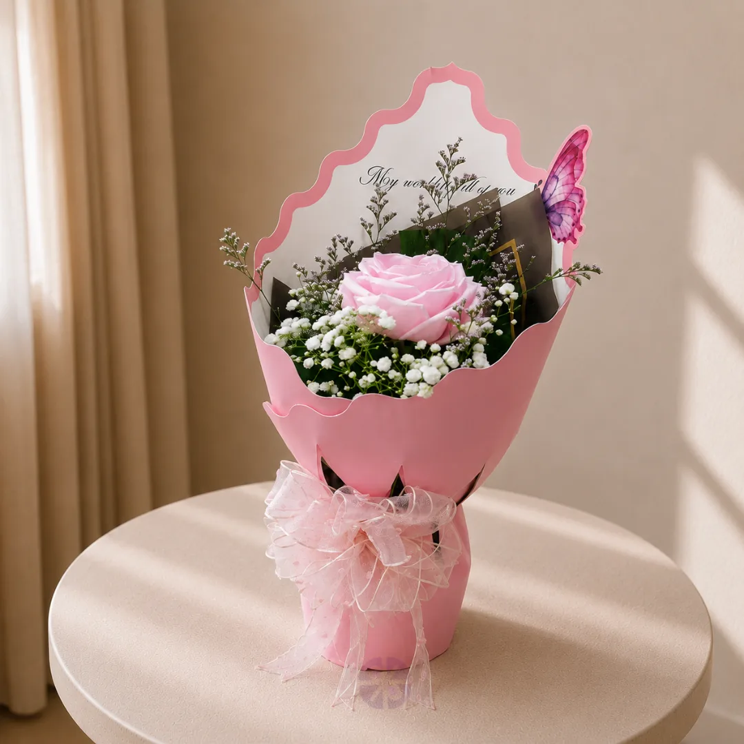 Premium Single Chinese Baby Pink Rose Bouquet with Crown Wrap