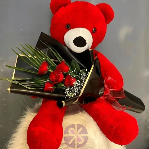 Giant Red Teddy Bear with Red Roses Hand Bouquet