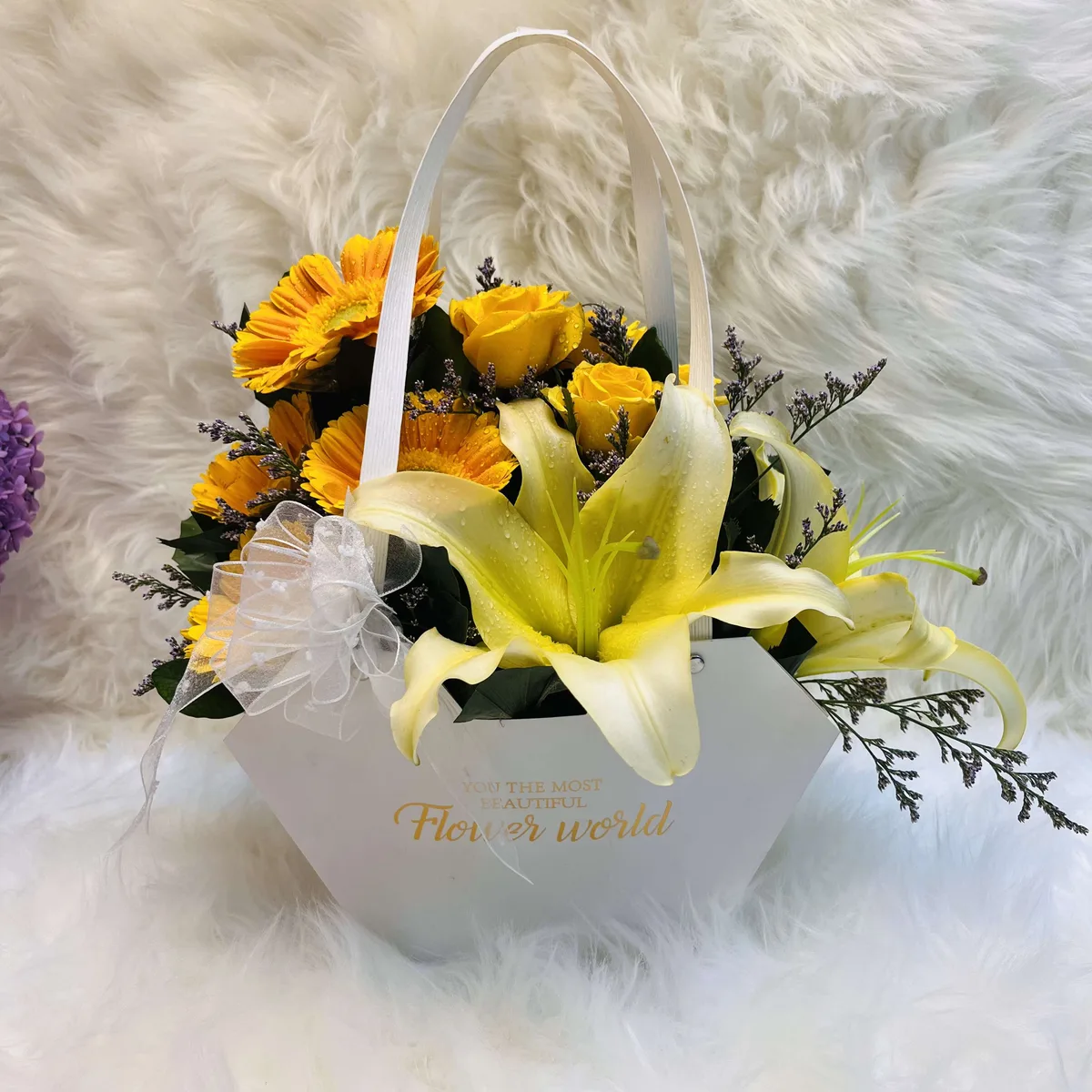 Yellow Harmony Lily, Gerbera & Rose Hexagonal Gift Bag