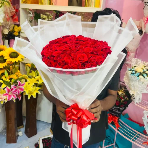 Premium 100 Fresh Red Roses Bouquet with Elegant White Wrapping & Red Ribbon