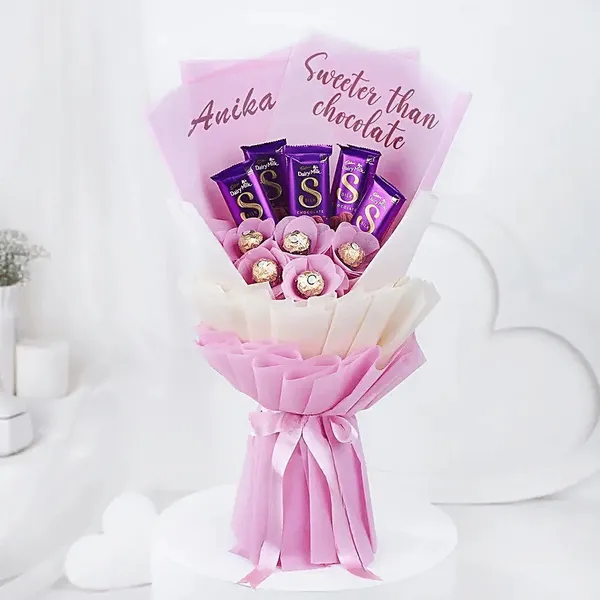 Personalized Pink Chocolate Bouquet with Ferrero Rocher & Dairy Milk Silk