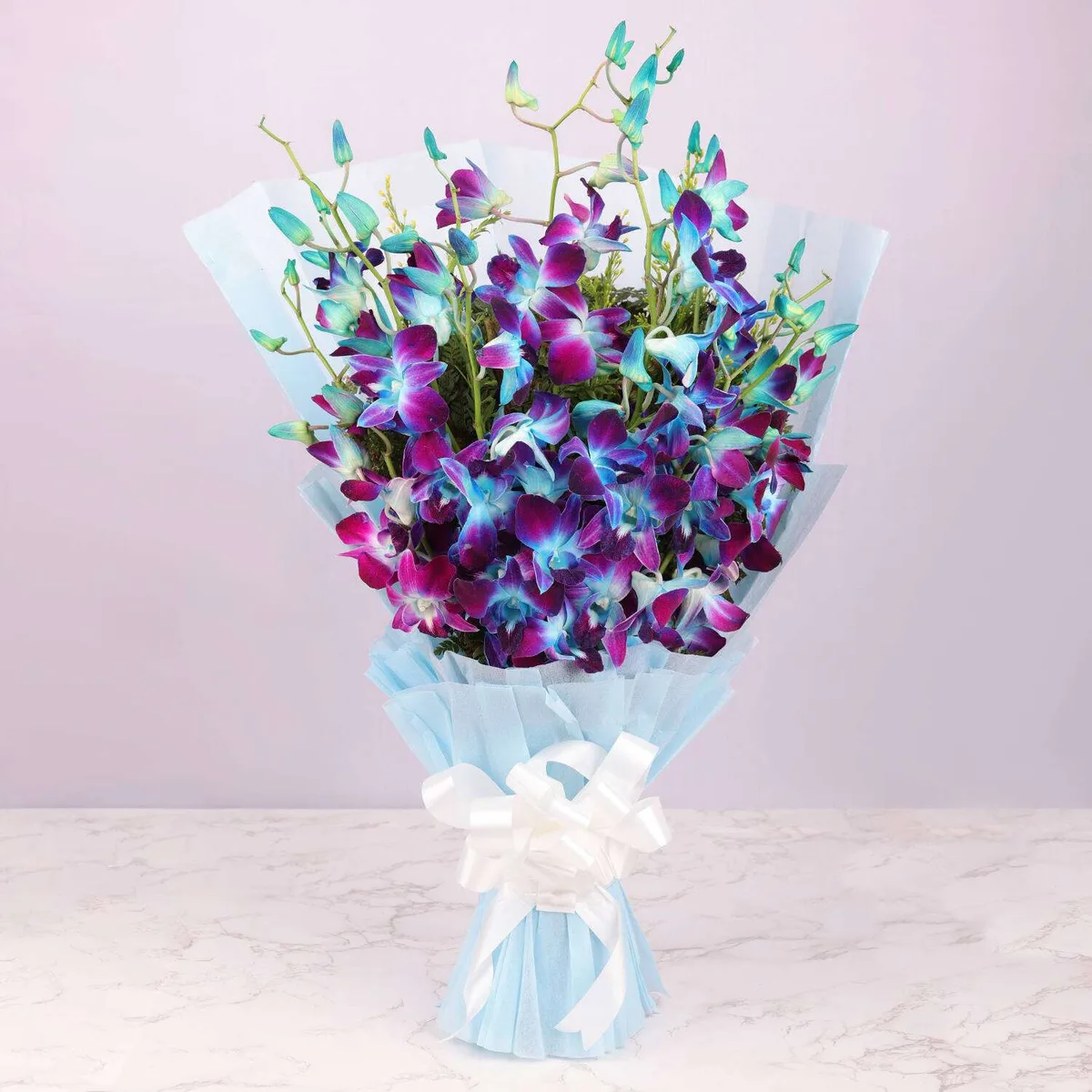 Elegant Blue Orchid Bouquet with Sky-Blue Wrap