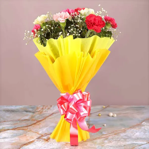 Vibrant Carnation Flower Bouquet – Mixed Colors with Yellow Wrapping & Pink Ribbon