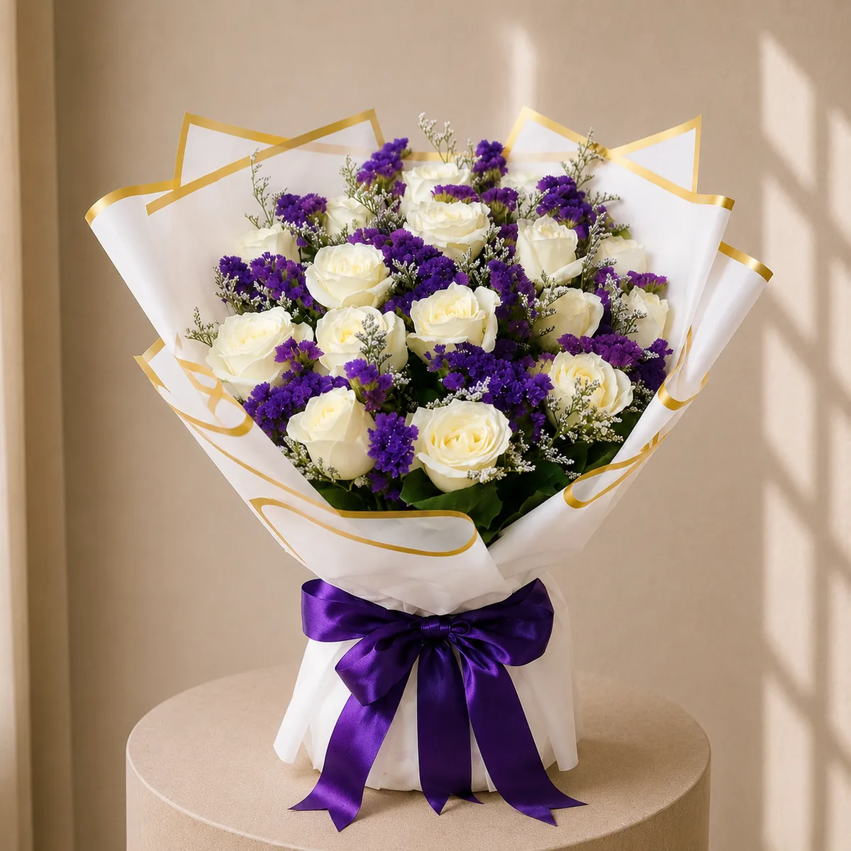 Royal Contrast White Rose & Purple Statice Bouquet