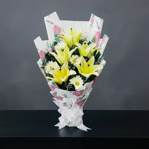 Elegant Yellow Lily & White Gerbera Bouquet