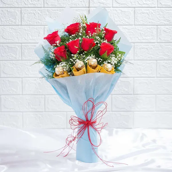 Romantic Red Roses & Ferrero Rocher Chocolate Bouquet