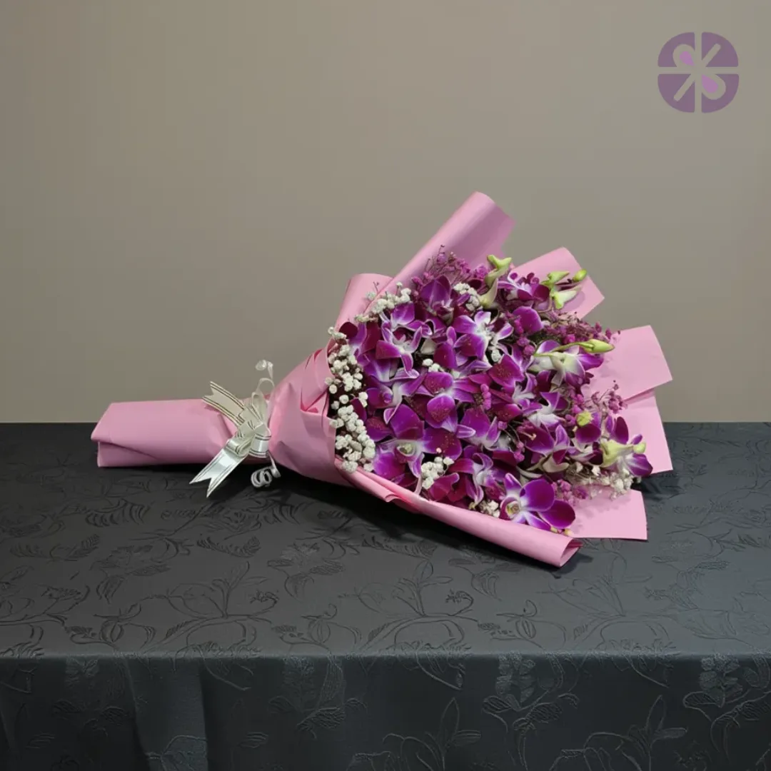 Royal Charm Fresh Purple Orchid and Baby's Breath Bouquet