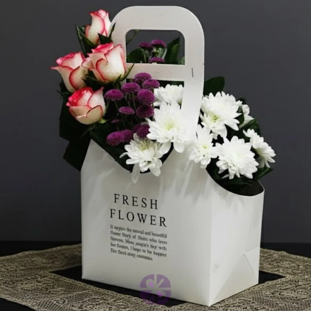 Elegant Floral Carrier Pink Shaded Rose & Chrysanthemums Flower Bag