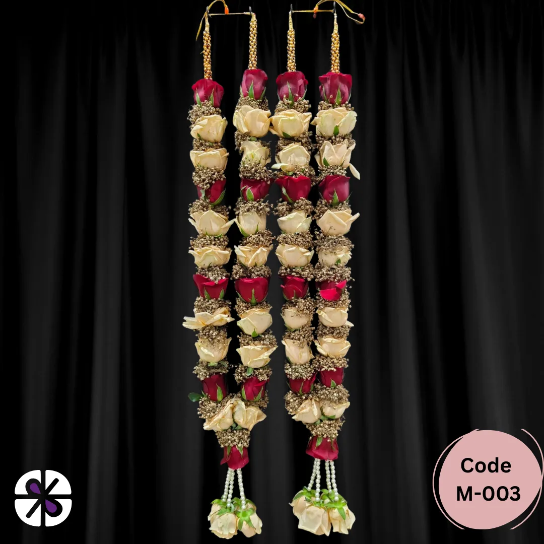 Premium Red and Cream Rose Wedding Garland (Mala) with Golden Gypsy