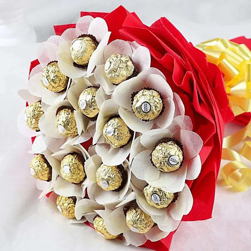 Elegant Ferrero Rocher Chocolate Bouquet in Red & White Wrap