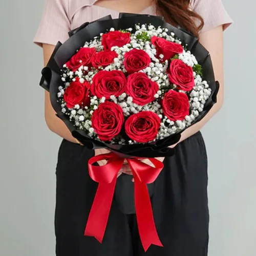 Luxury Noir Red Roses, Baby's Breath & Black Wrap Statement