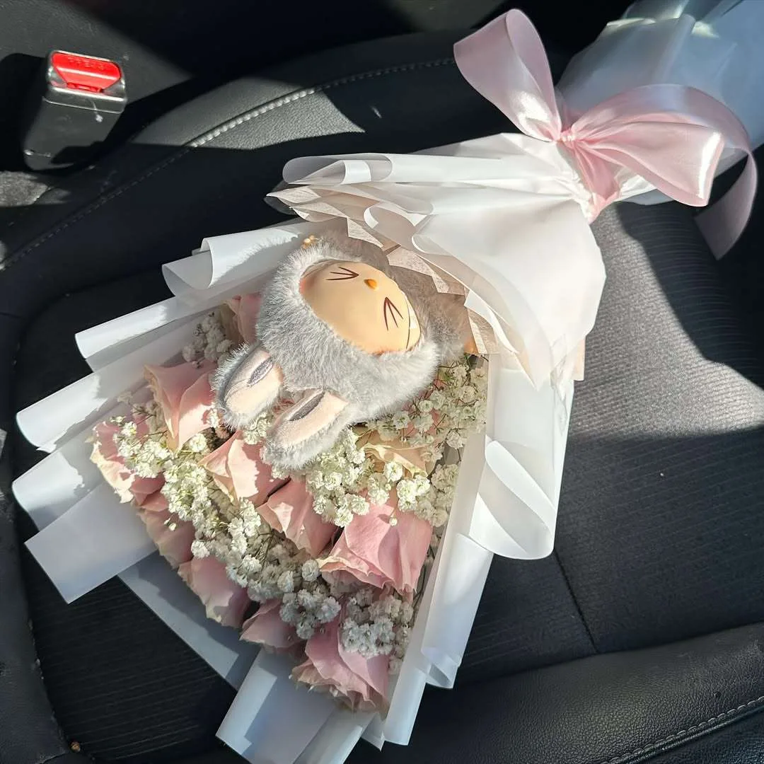 Cute Pink Rose Bouquet with Baby Bunny Plush