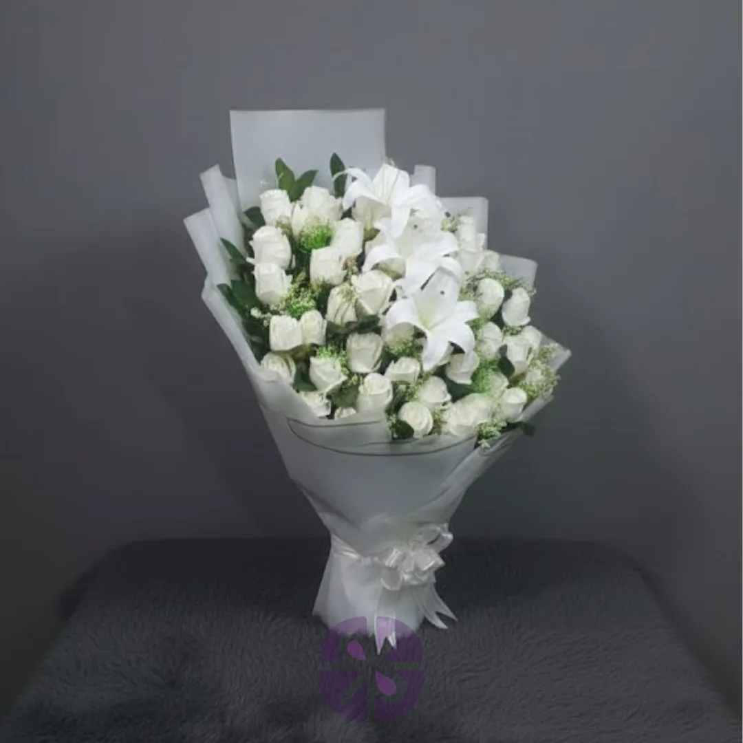 Eternal Purity Artificial White Rose & Lily Stand Bouquet