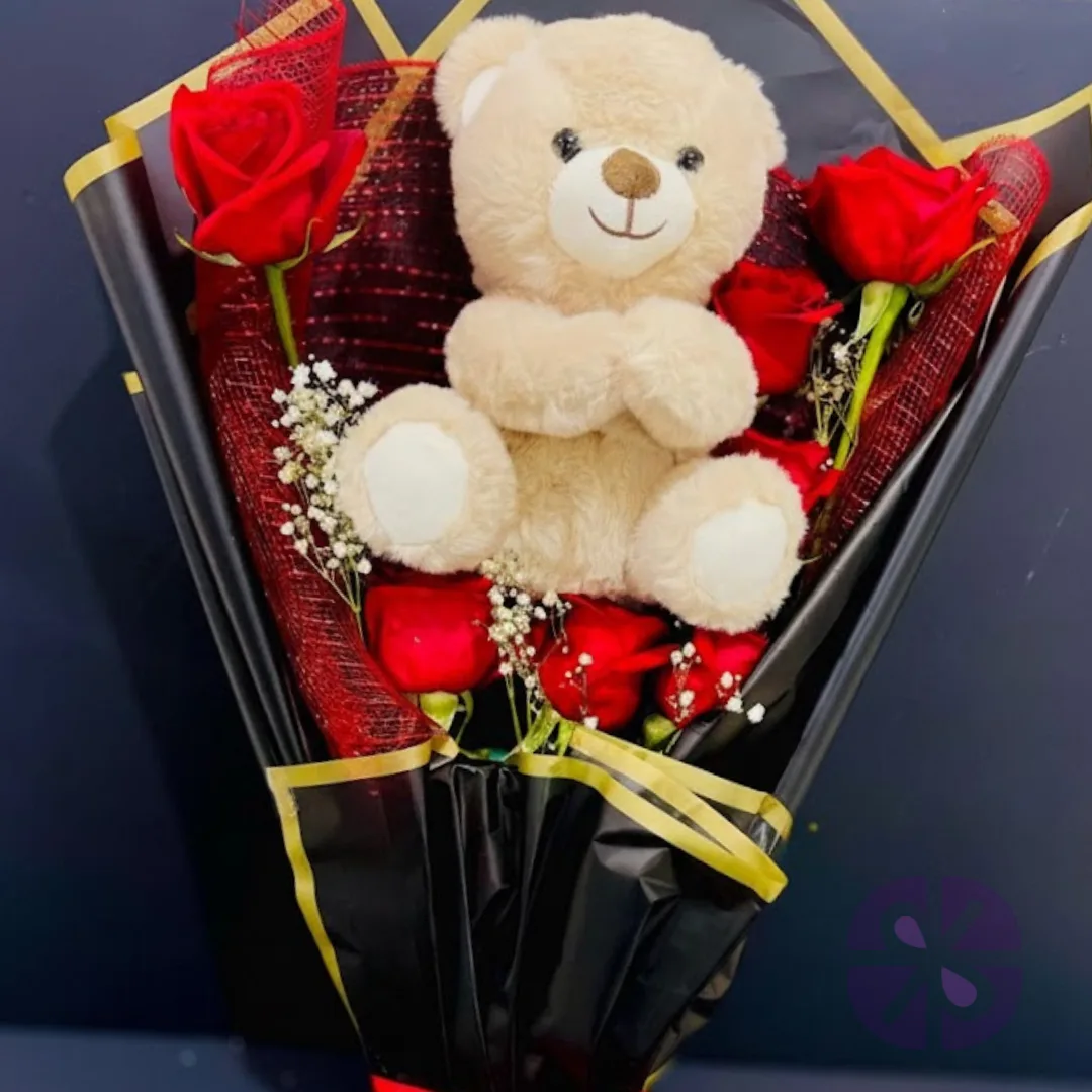 Small Teddy Bear and Red Rose Hand Bouquet
