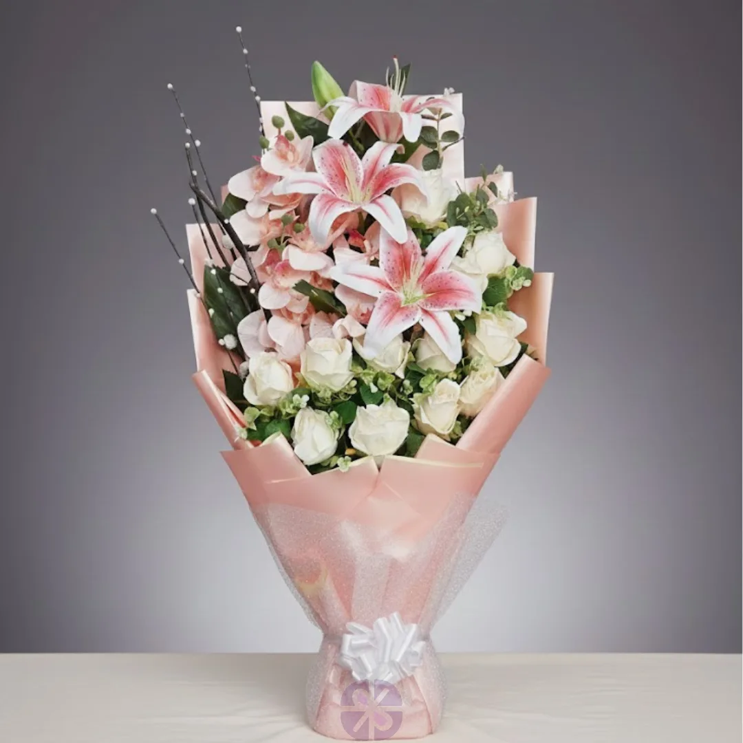 Artificial White Rose, Pink Lily & Orchid Stand Bouquet