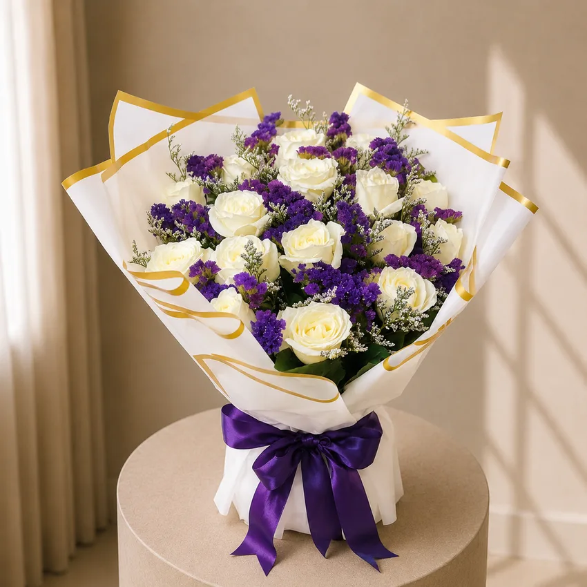Royal Contrast White Rose & Purple Statice Bouquet