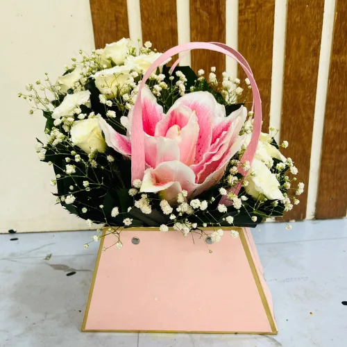 The Spring Purity Pink Box Lily & White Rose Arrangement