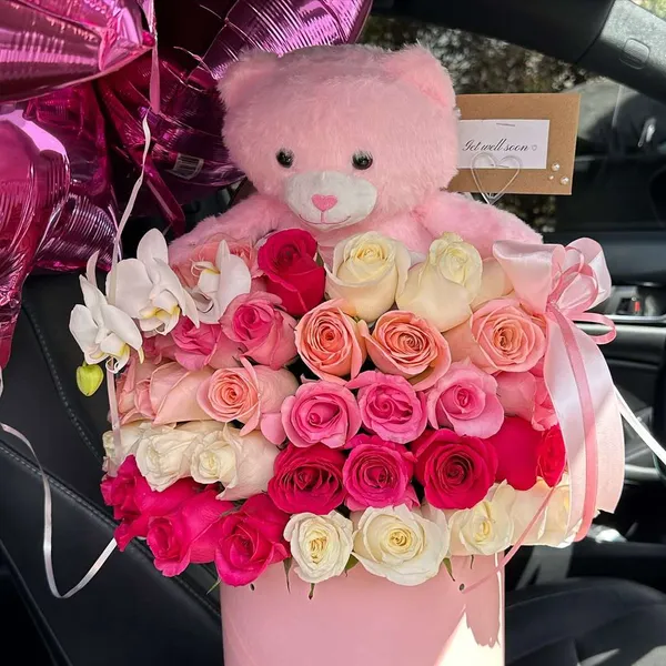 Pink Rose box with Teddy Bear