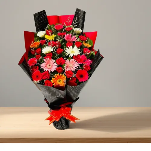 Multi-Color Gerbera and Red Rose Celebration Bouquet