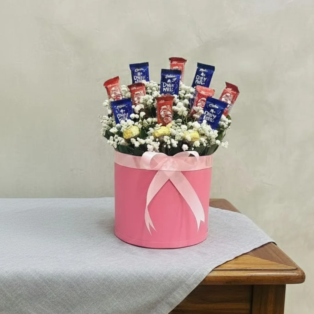 Elegant Harmony Premium Mixed Flower Basket & Round Pink Chocolate Box Combo